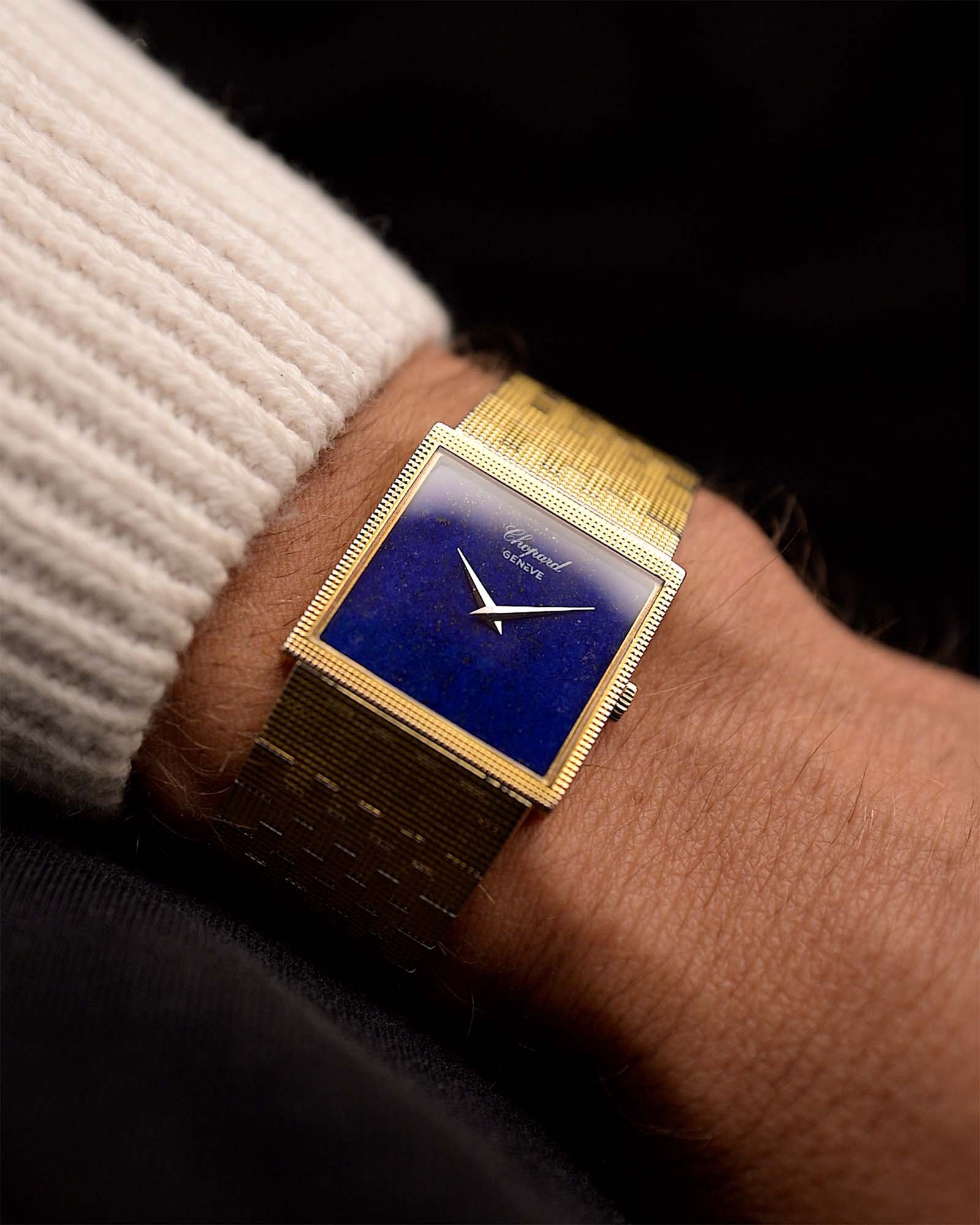 Vintage Chopard Watch Lapis Lazuli 2017 Square 1970s on a wrist. 27mm in 18k Yellow Gold,  Lapis Lazuli Dial, Gold Bracelet and Manual Wind Movement.
