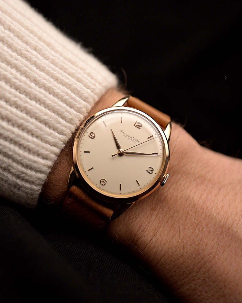 Vintage IWC Cal. 89 watch from 1958, 36mm 18k rose gold case, original silver dial, manual wind, leather strap, video