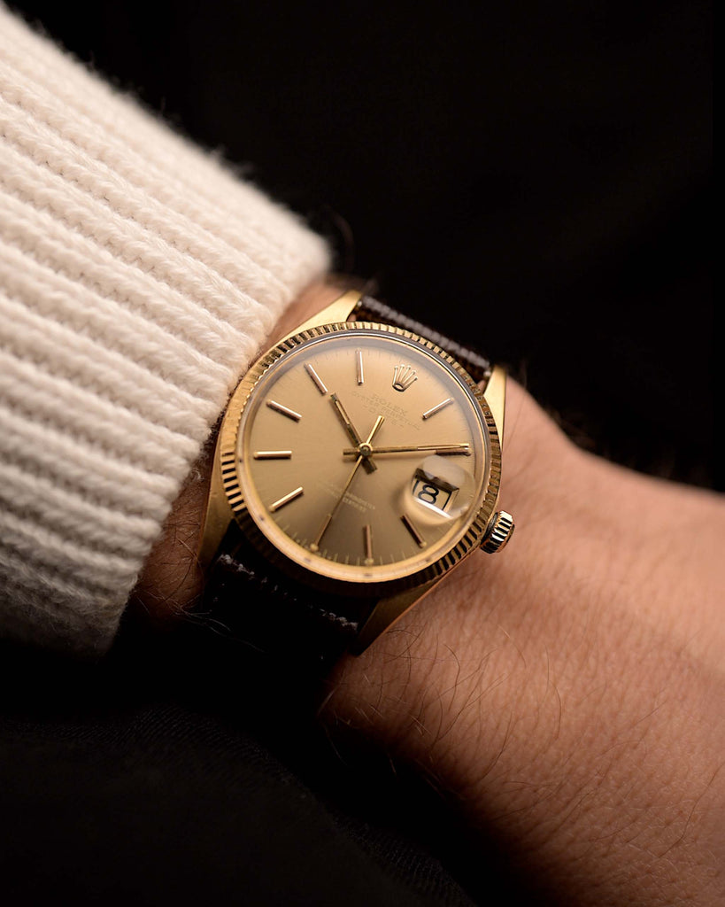 Vintage Rolex 18k Oyster Perpetual 1503 Date watch from 1971, 34.5mm yellow gold case, automatic Caliber 1570, sunburst dial, video