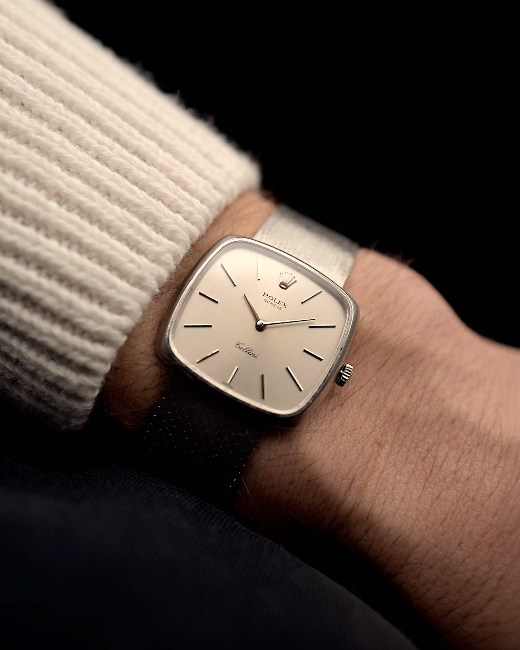 Vintage Rolex Cellini Watch 3805 Square 18k from 1970 on a wrist. 31.5mm in 18k White Gold with Manual wind movement, Flawless silver sunburst dial and White gold bracelet.
