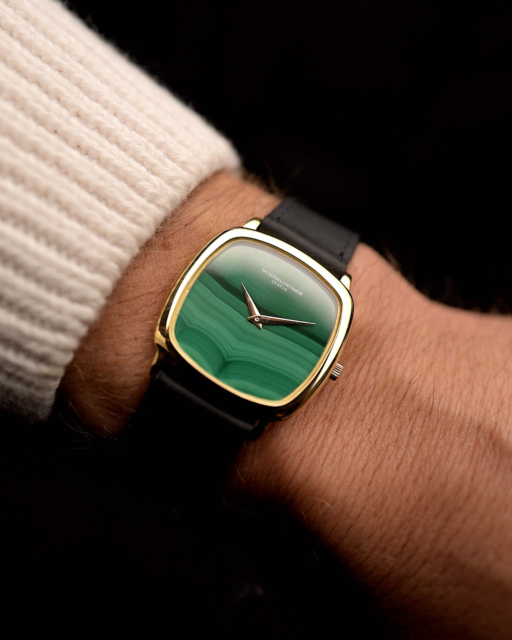 Vintage Vacheron Constantin Watch 2098 Square Malachite Dial from the 1970s on a wrist. 29mm in 18k Yellow Gold Case with Manual Wind Movement, Original Malachite Dial and Leather Strap.