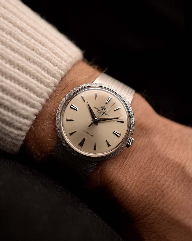 Vintage Vacheron Constantin 6378 Florentine watch 18k Automatic from the 1970s on a wrist. 35.5mm with 18k White Gold Case, Automatic Movement, Flawless Silver Dial and 18k White Gold Bracelet.