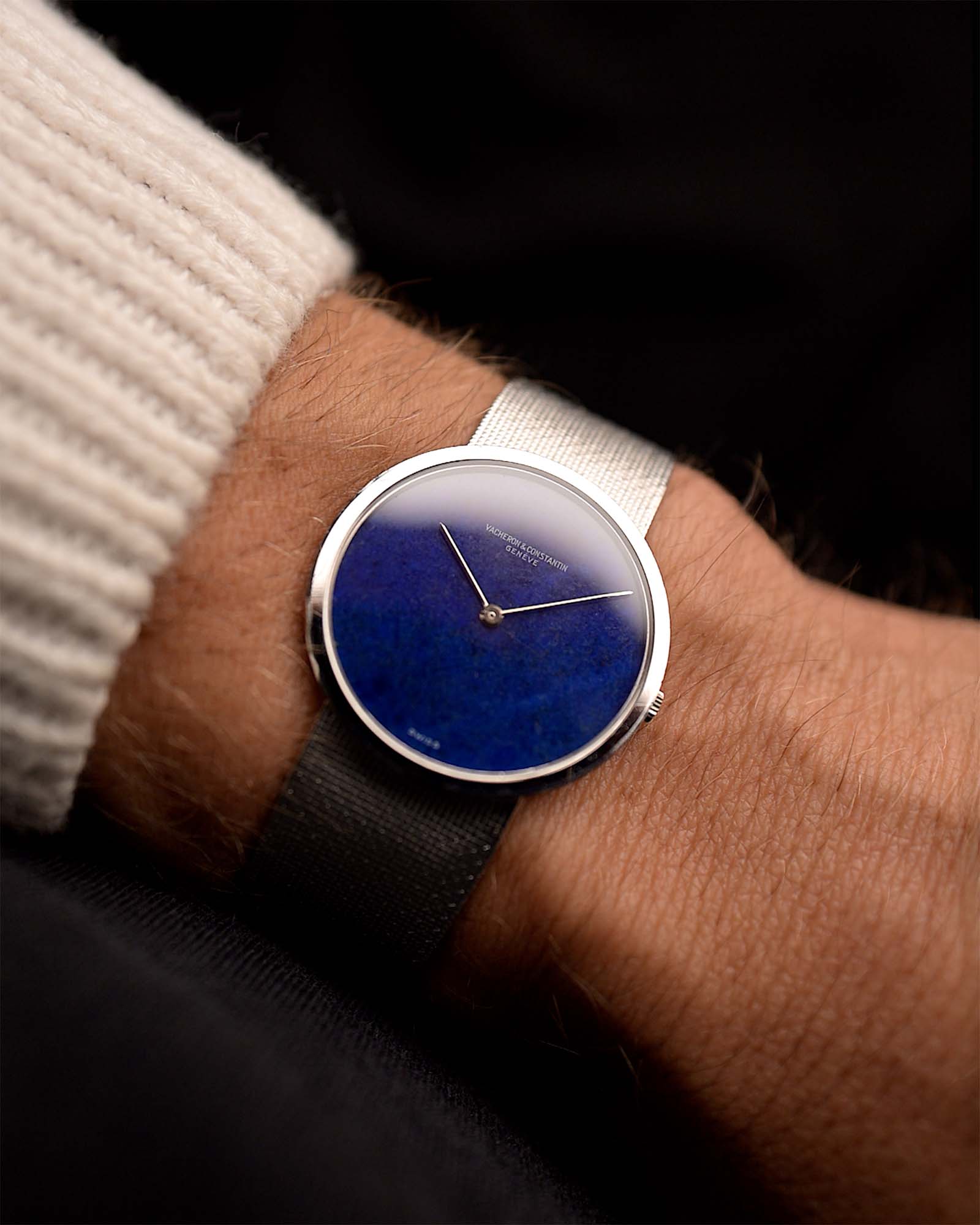 Vintage Vacheron Constantin Watch 7291 Lapis Lazuli 18k from 1970s on a wrist. 31mm in 18k White Gold with Manual wind movement, Flawless Lapis Lazuli dial, 18k White Gold bracelet.