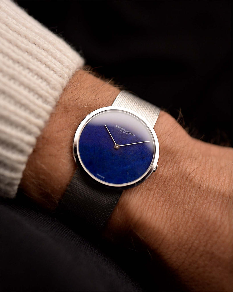 Vintage Vacheron Constantin Watch 7291 Lapis Lazuli 18k from 1970s on a wrist. 31mm in 18k White Gold with Manual wind movement, Flawless Lapis Lazuli dial, 18k White Gold bracelet.