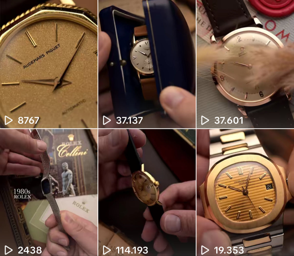 Grid of six vintage luxury watches shown in detail and handled gently, with warm lighting and elegant textures. View counts are visible on each video thumbnail.