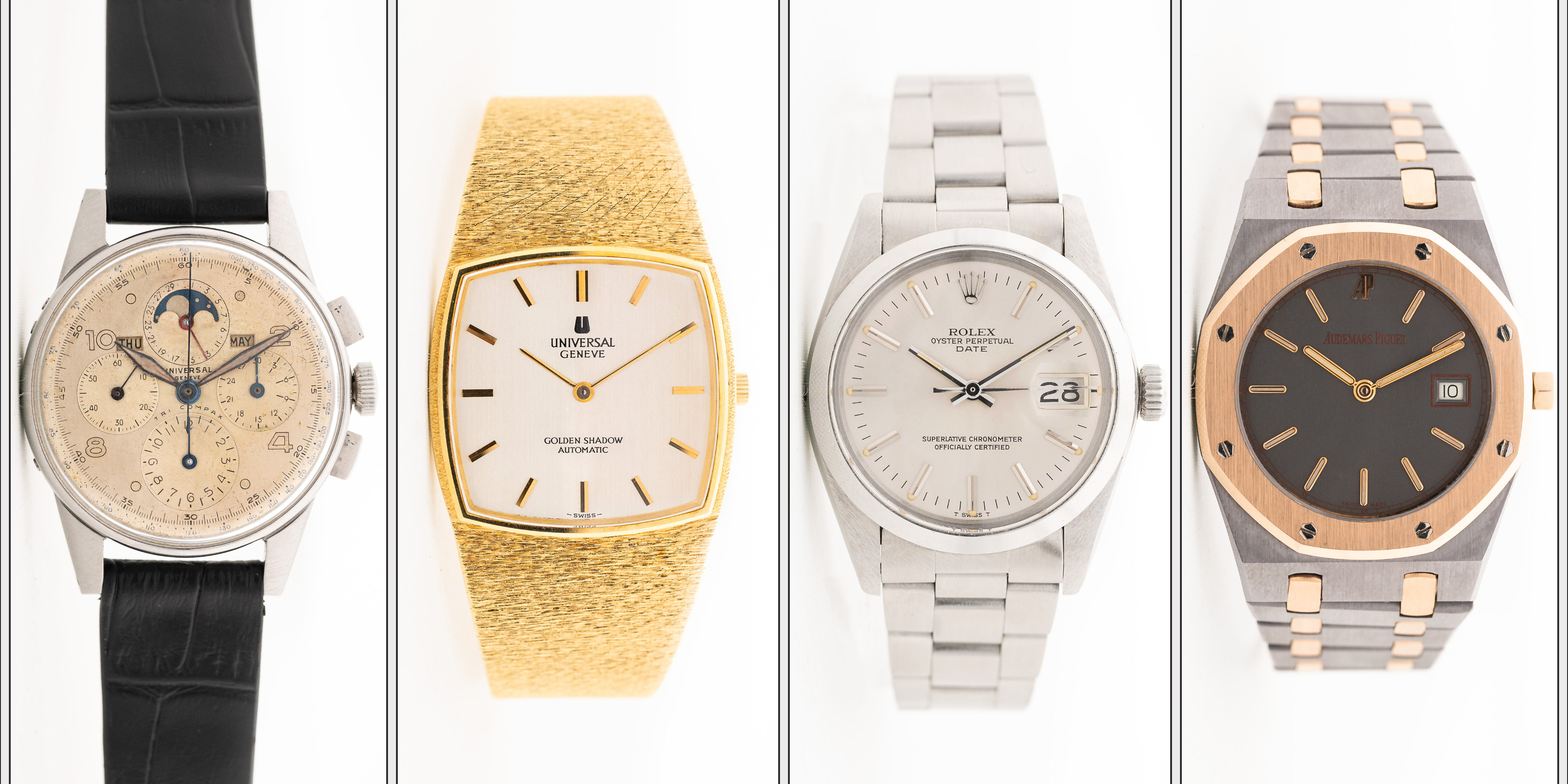vier Vintage Uhren von Universal Geneve, Rolex und Audemars Piguet mit verschiedenen Bändern und Armbändern