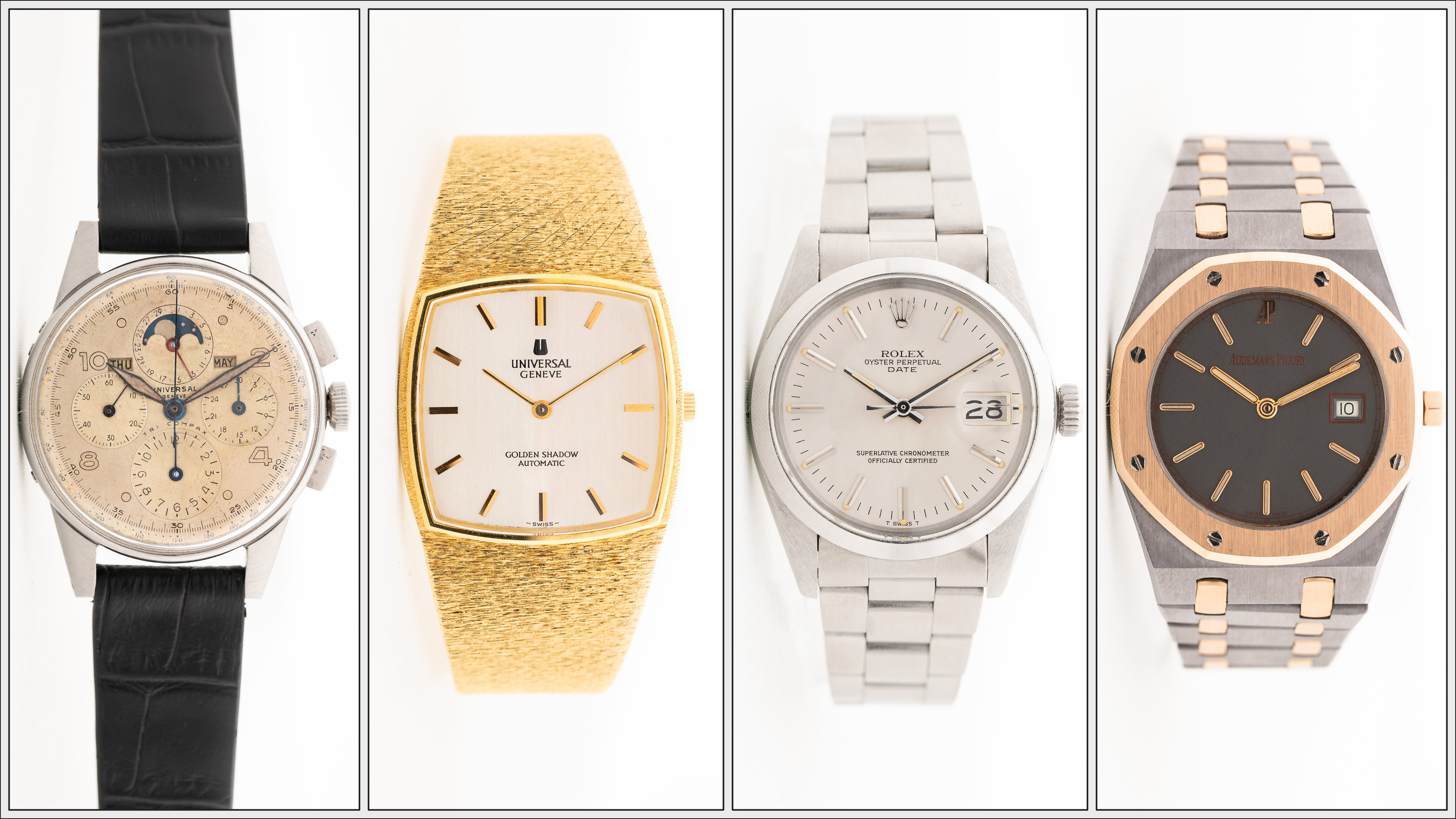 vier Vintage Uhren von Universal Geneve, Rolex und Audemars Piguet mit verschiedenen Bändern und Armbändern