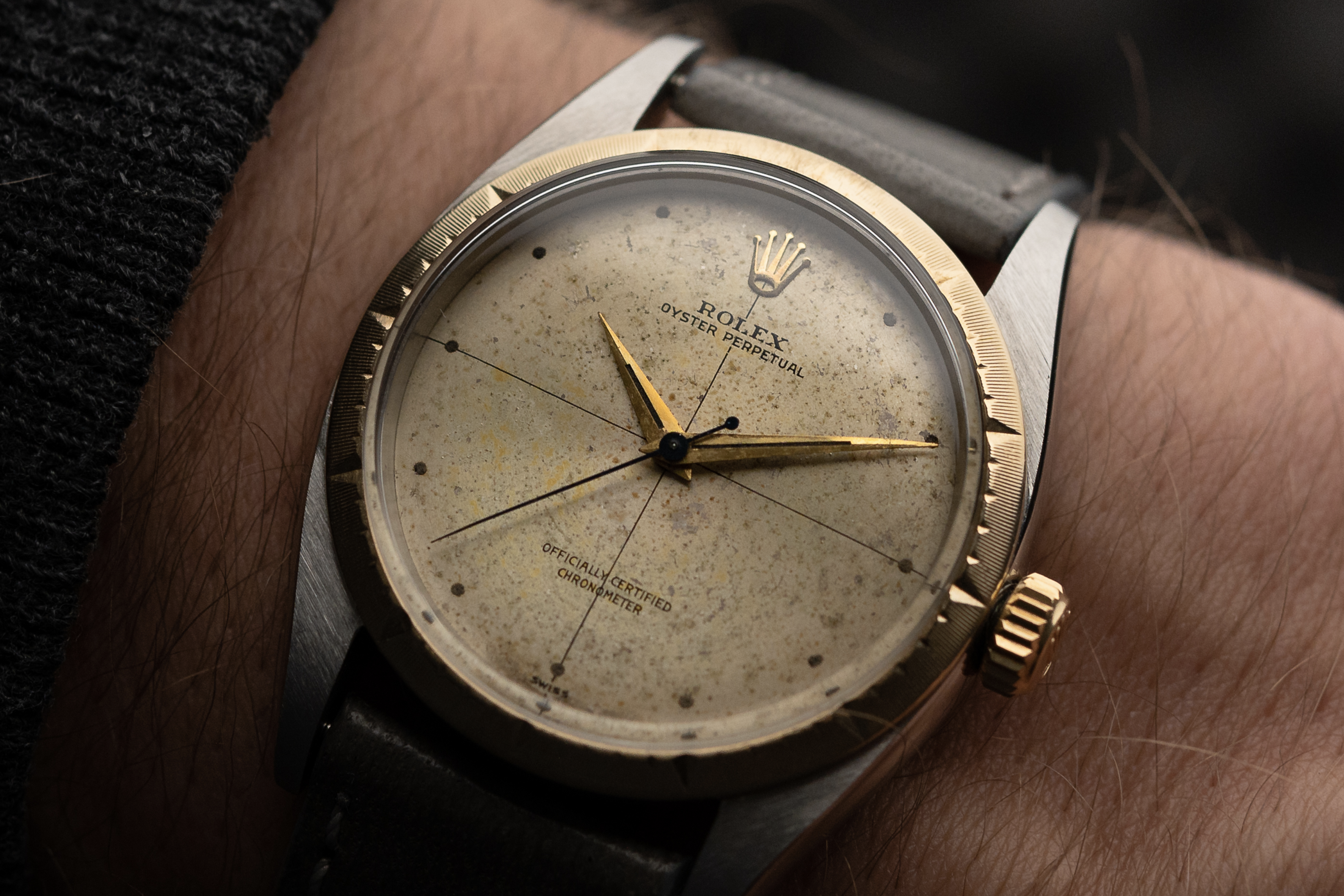 Foto vom Handgelenk einer Rolex Zephyr Ref. aus den 1960er Jahren. 1008