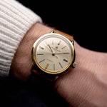 Foto einer Vacheron Constantin 6592 Automatic aus den 1960er Jahren an einem Handgelenk. 35,5 mm großes Gehäuse aus 18 Karat Gelbgold mit Automatikwerk, originalem Silberzifferblatt und Lederarmband.