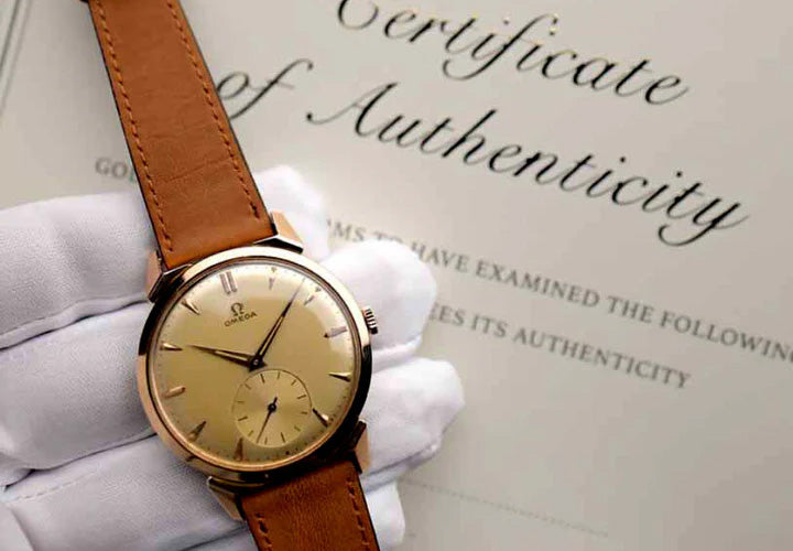 Reloj Omega vintage sostenido por una mano enguantada sobre un certificado de autenticidad.