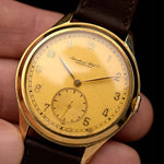 Reloj vintage IWC Hermet Jumbo Cal. 83 14k de 1938. 36,5 mm con caja de oro amarillo de 14k, cuerda manual Cal. 83, esfera dorada original con pátina y correa de piel.