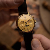 Cronógrafo Longines 6574 con fase lunar, oro de 18 quilates, década de 1980