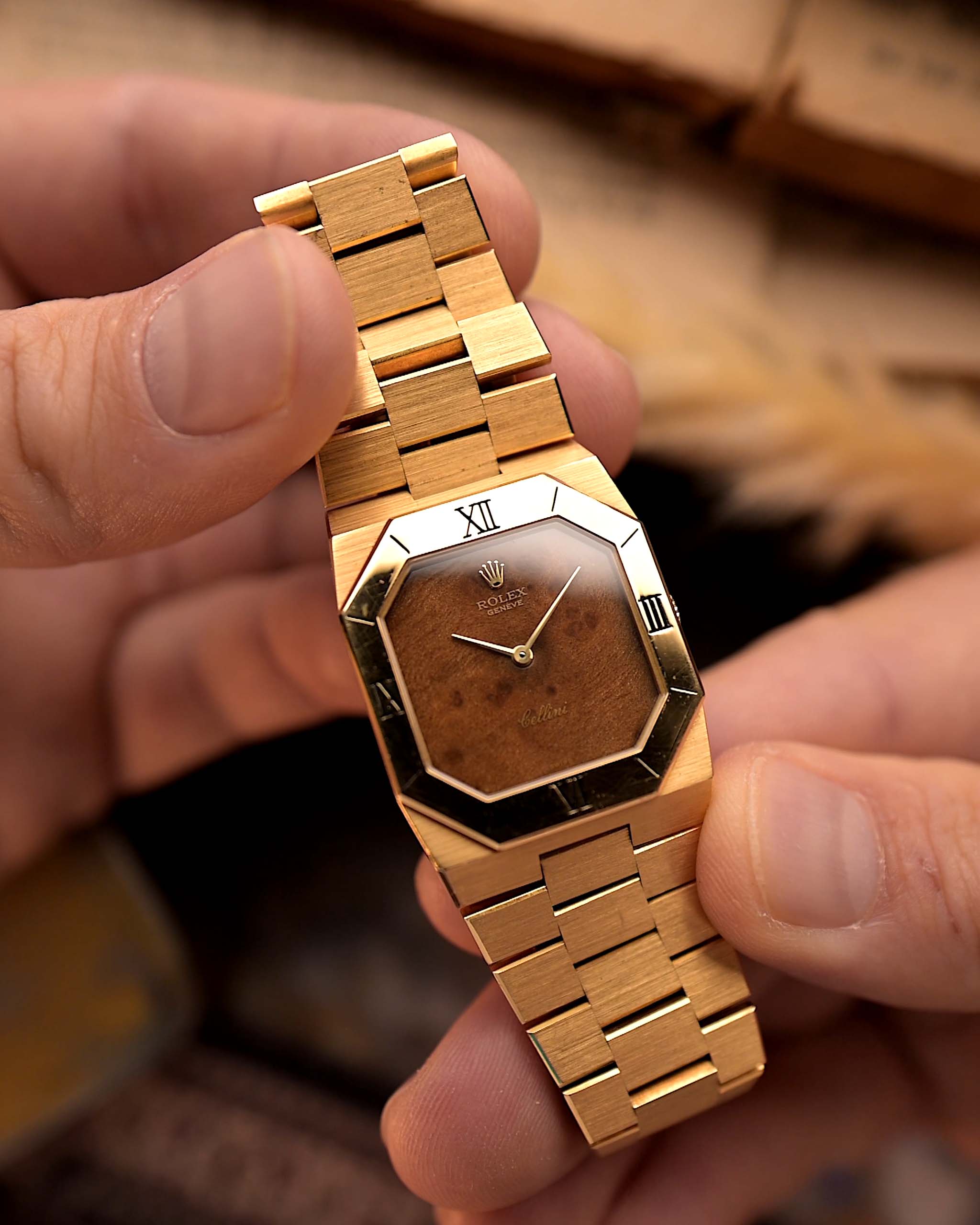 Rolex Cellini 4350 Octagon Wood from 1981. 27mm in 18k Yellow Gold Case with Flawless Burl Wood Dial, Manual Wind Caliber 1601, Original 18k Rolex President Bracelet.
