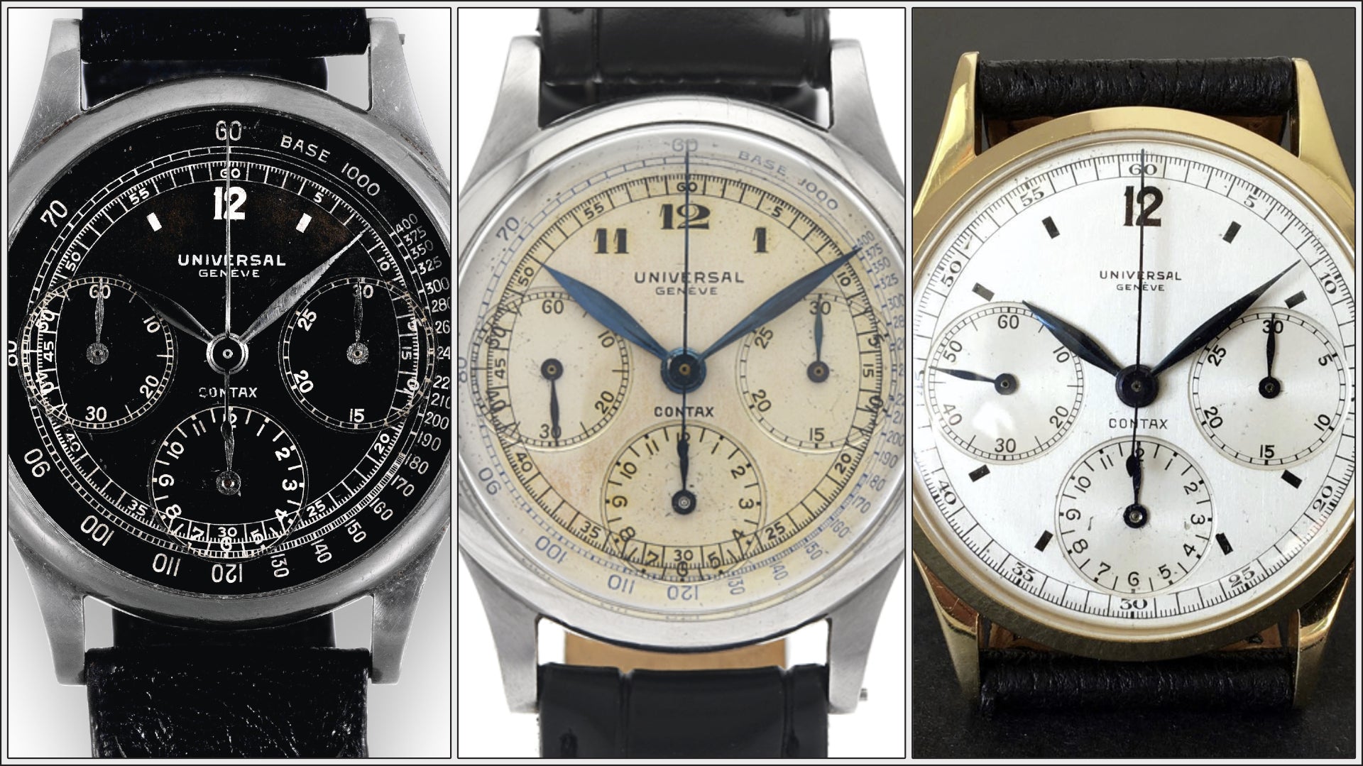 Exemples de variations du cadran du Contax Universal Geneve des années 1930