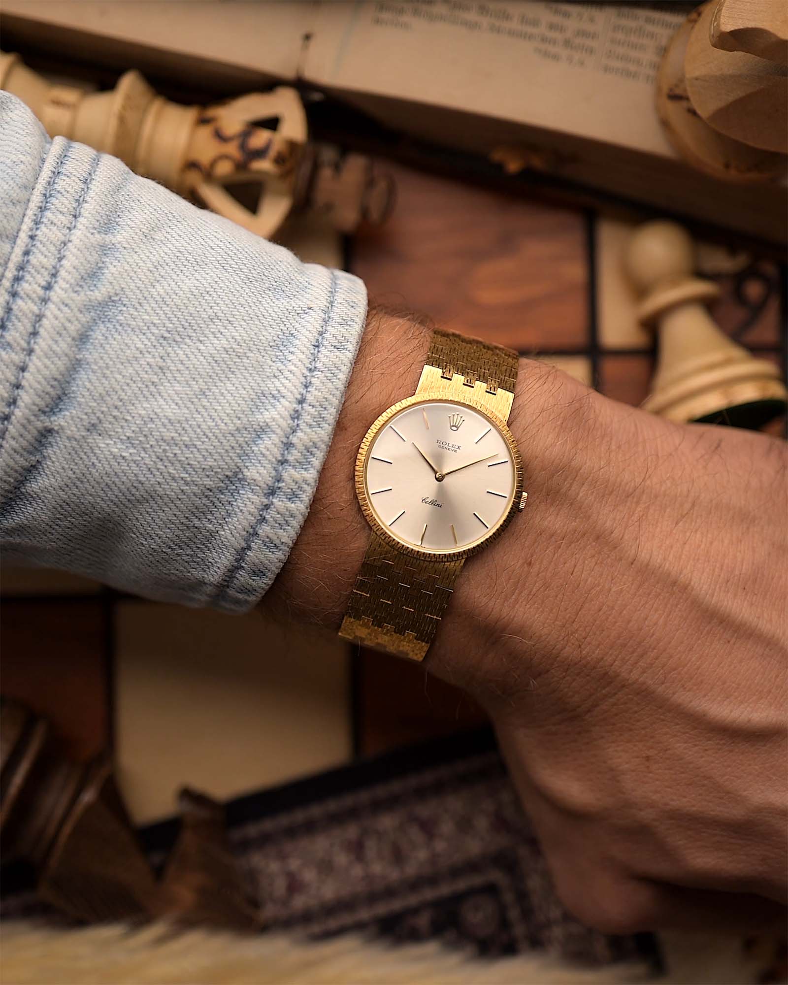 Vintage Rolex Cellini 3661 watch 18k from 1968 on a wrist. 