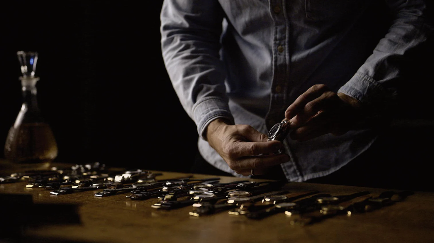 Triage de montres-bracelets sur une table en bois en basse lumière.