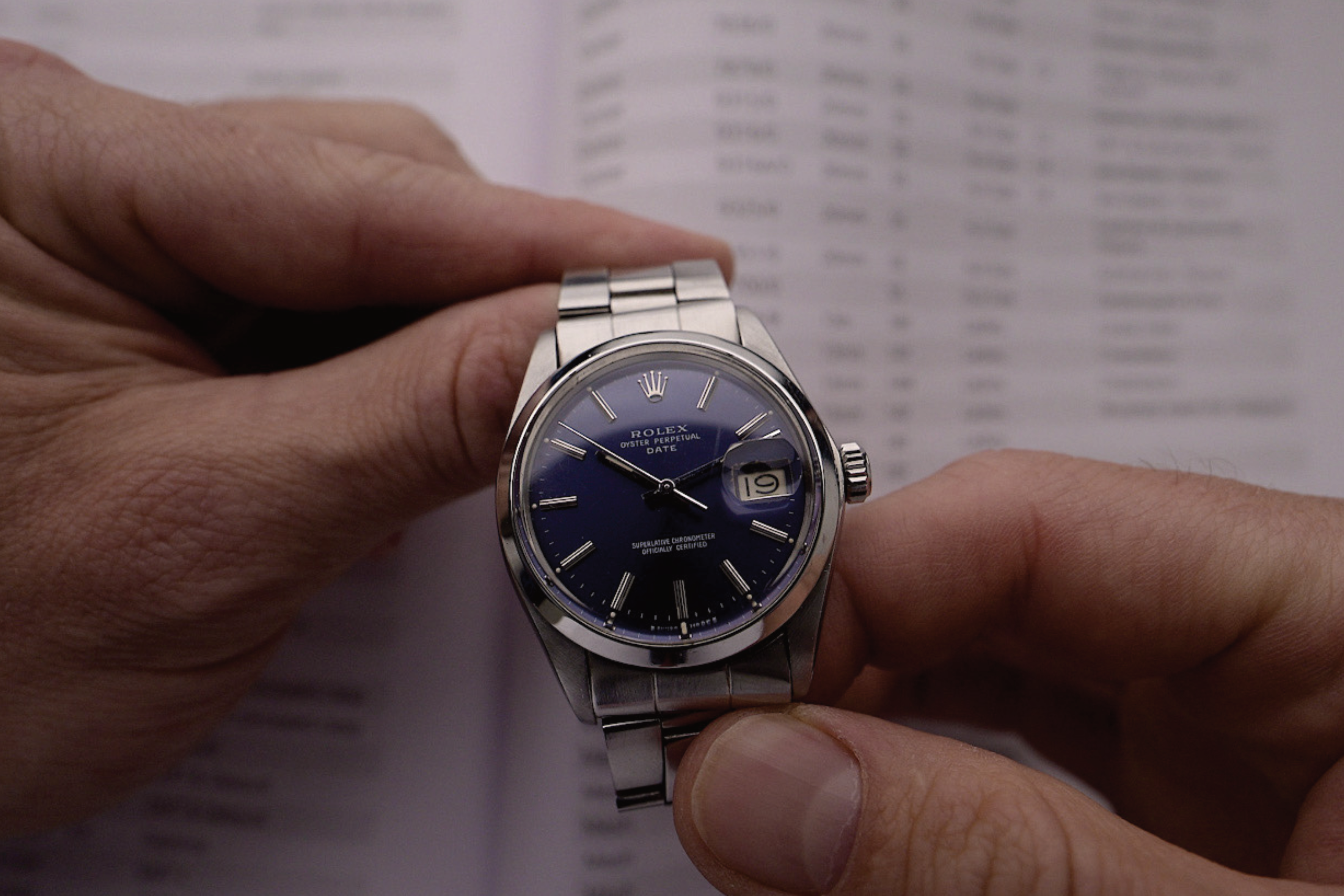 Rolex Oyster Perpetual Date vintage ref. 1500 con quadrante blu