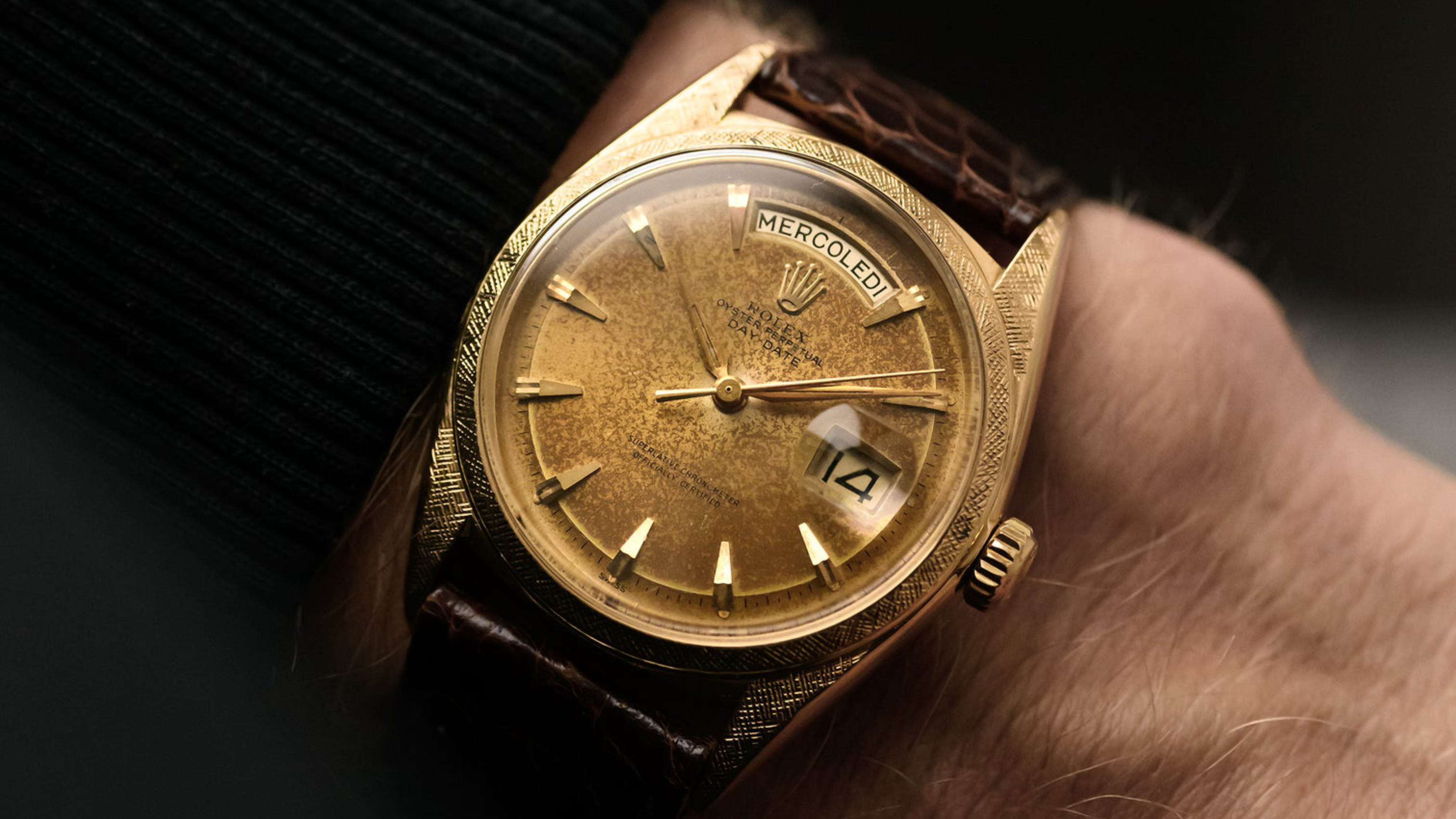 Incredibile Rolex Day-Date vintage con finitura fiorentina e quadrante patinato