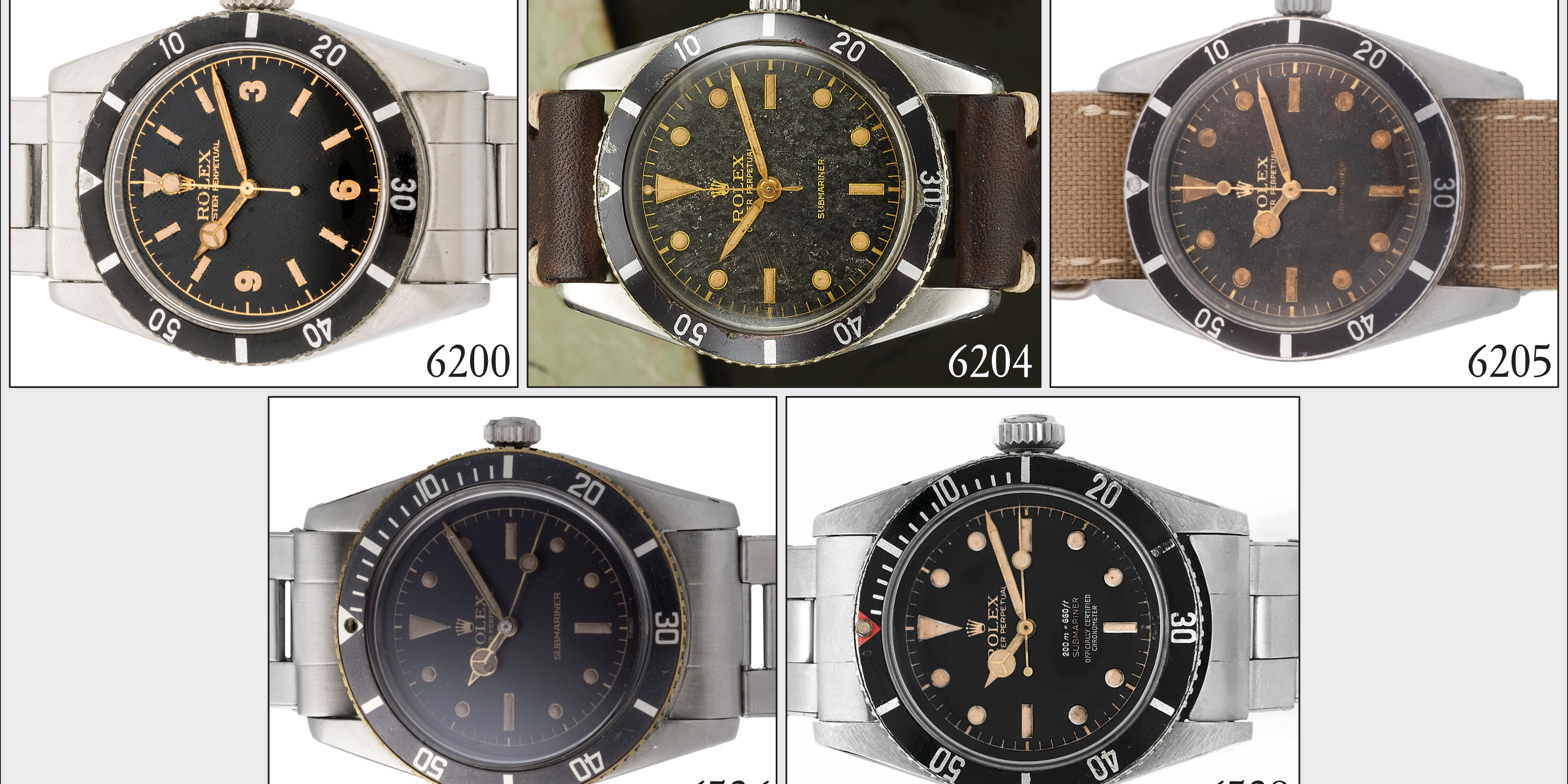 Confronto tra tutte le cinque referenze vintage del primo Rolex Submariner degli anni '50