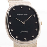 Audemars Piguet Vintage oro bianco Diamond Ellipse 1970 con quadrante nero e bracciale AP oro bianco 18 carati primo piano
