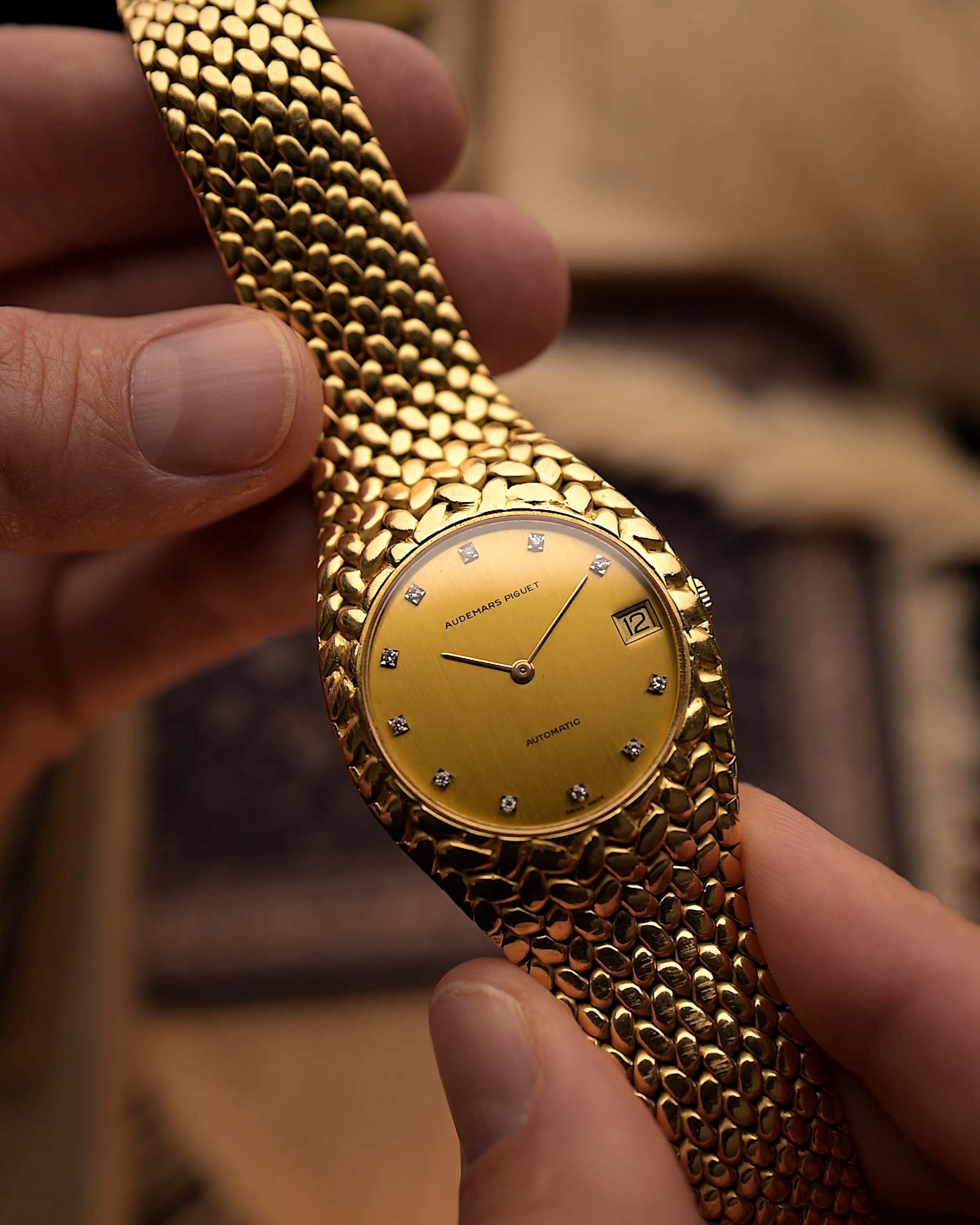 Orologio vintage Audemars Piguet Cobra 5403, oro 18 carati, quadrante con diamanti, cassa Jumbo, movimento automatico, tenuto da lancette