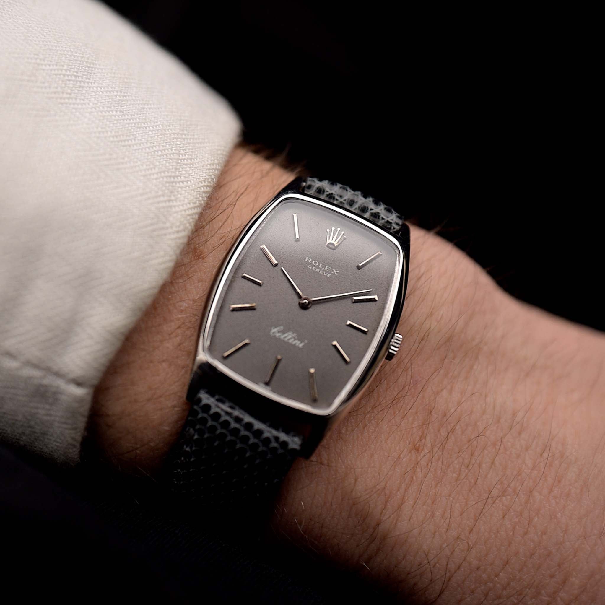 Rolex Cellini 3807 Tonneau d'epoca in oro bianco 18 carati Quadrante grigio 1971