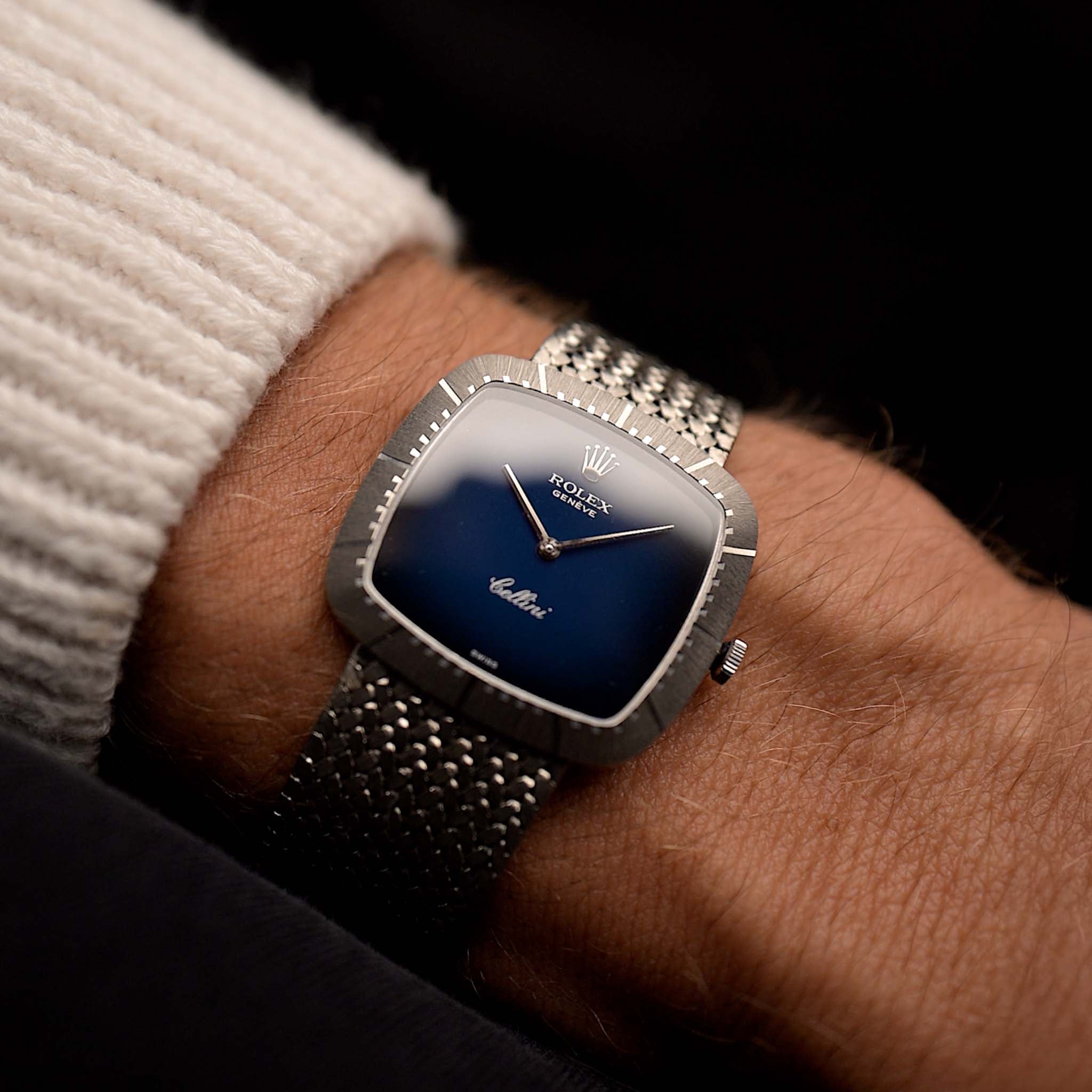 Rolex Cellini 4029 Blue Ombre 18k degli anni Settanta. 30 mm in oro bianco 18k con movimento a carica manuale, quadrante Blue Ombre e bracciale in oro bianco 18k.