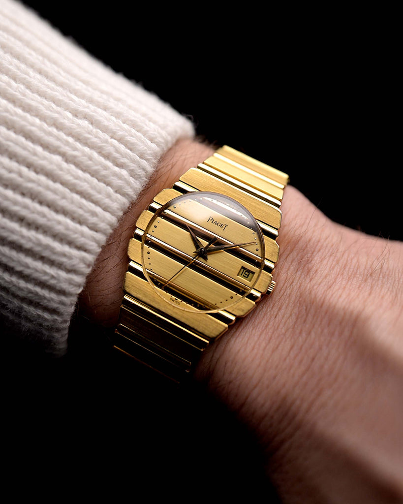 Video di un Piaget Polo 15561 Date vintage degli anni '80 al polso. In oro giallo con cassa da 31 mm, movimento al quarzo, quadrante originale in oro e bracciale integrato in oro 18k.