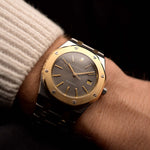 Orologio vintage Audemars Piguet 14486SA, Orologio Vintage in acciaio inossidabile e oro 18 carati, quadrante grigio tapisserie, movimento automatico, al polso, sfondo nero, video