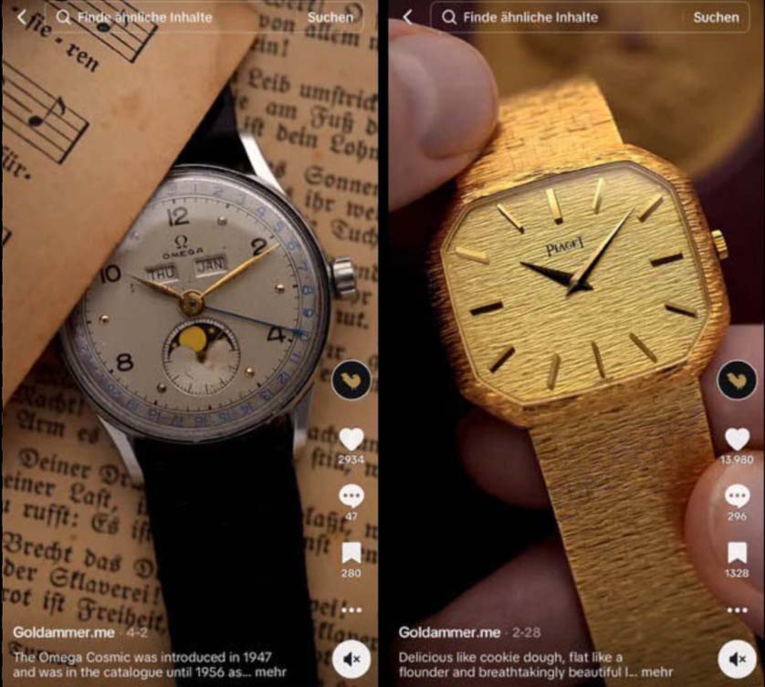 Due video TikTok con immagini ravvicinate di Orologi Vintage.