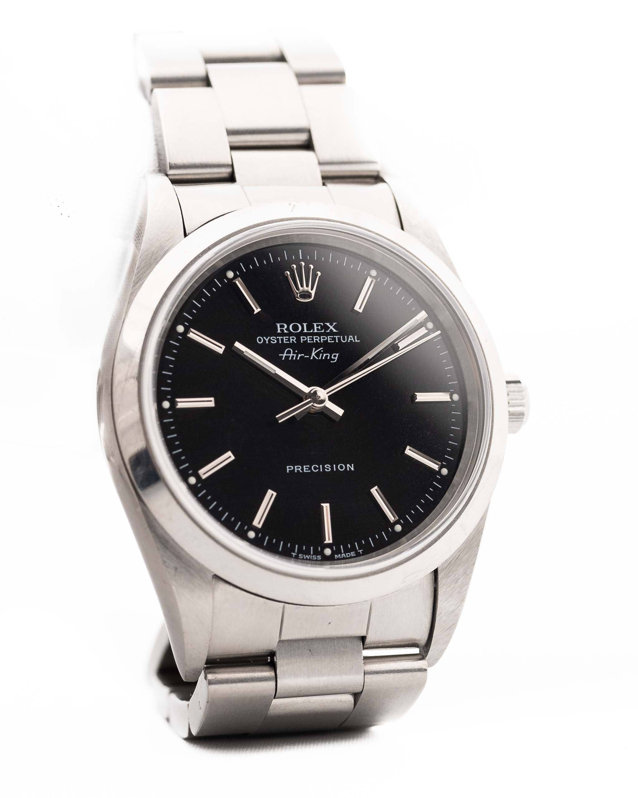 復古勞力士 Air King 14000 黑色腕錶，1999 年製造。34mm 不銹鋼材質，搭載 3130 自動機芯，完美無瑕的黑色錶盤和勞力士蠔式錶鏈。